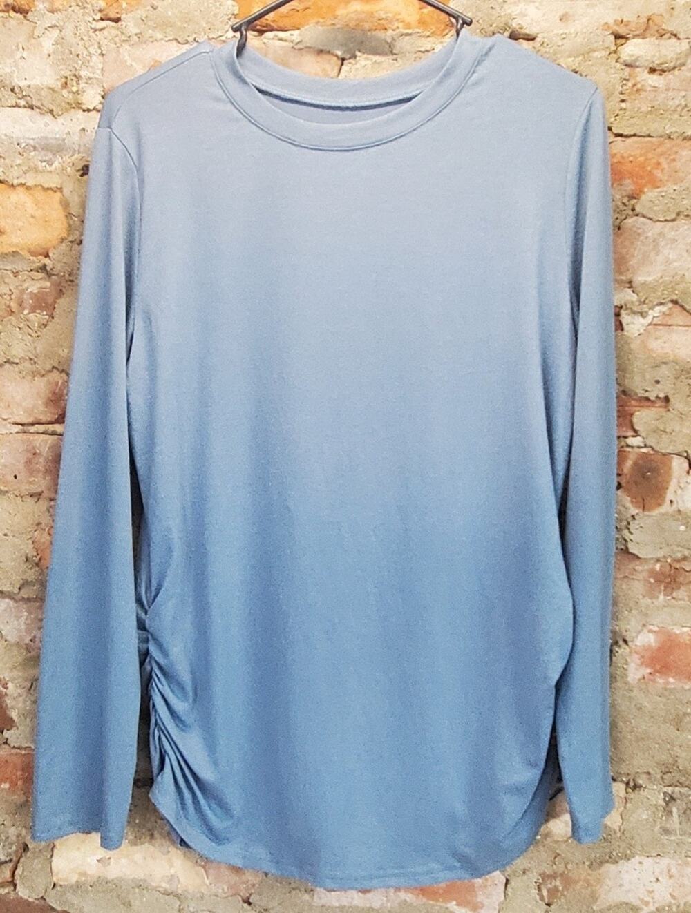 Womens Sz M Long Sleeve Crew Neck Top Light Blue Ruched Side Casual Pullover